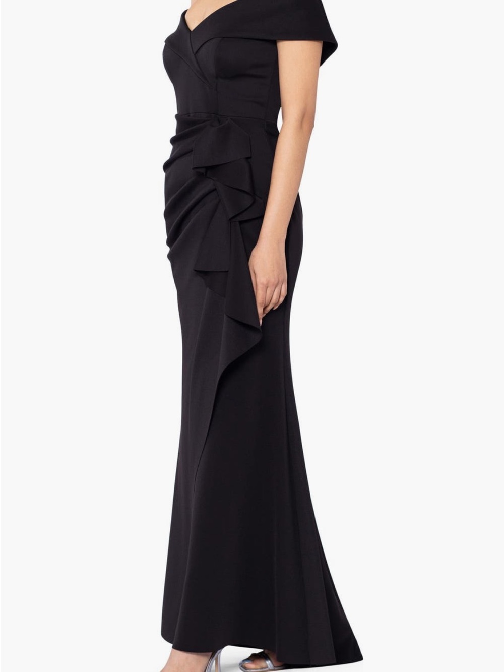 NWT Xscape Black Off-the-Shoulder Maxi with Side Cascade Ruffle